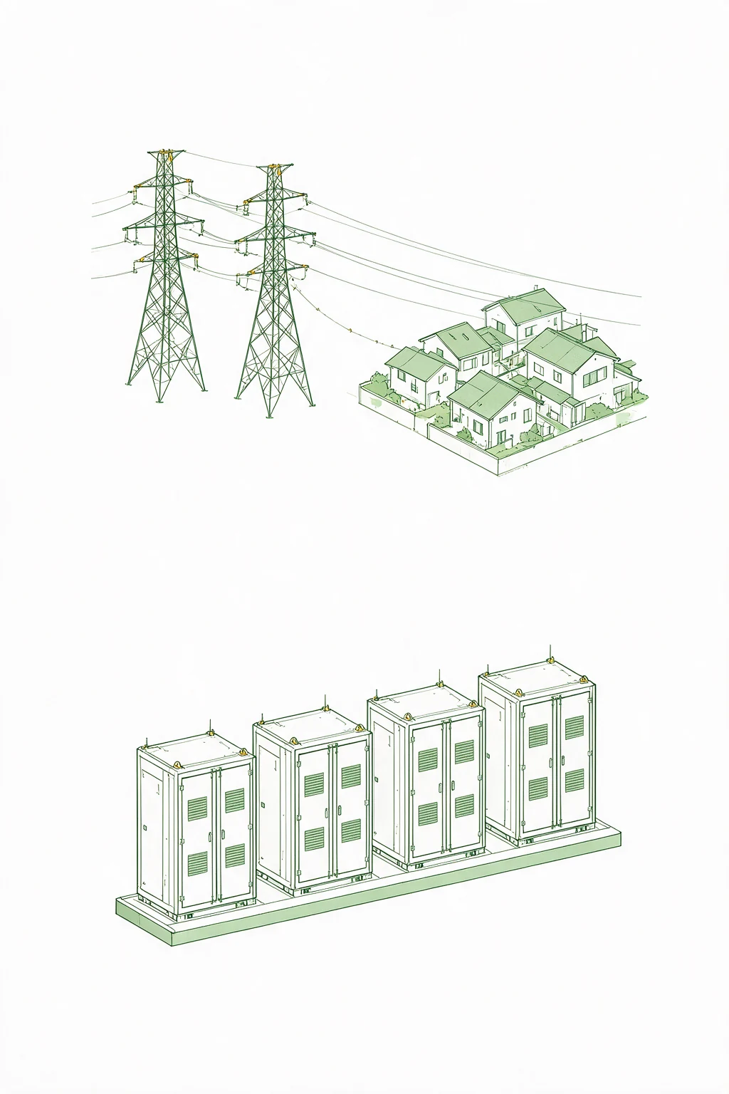街へ電気を届ける電力系統と、それにつながる蓄電池の概念図