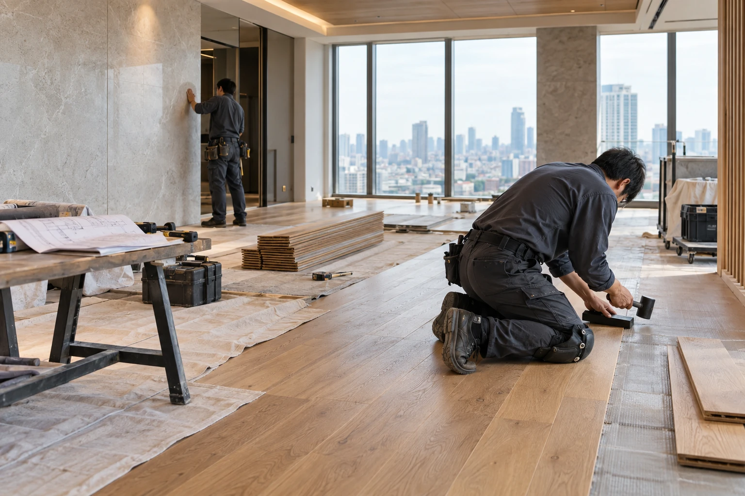 マンションの室内で床材を施工するリフォーム作業の生成イメージ