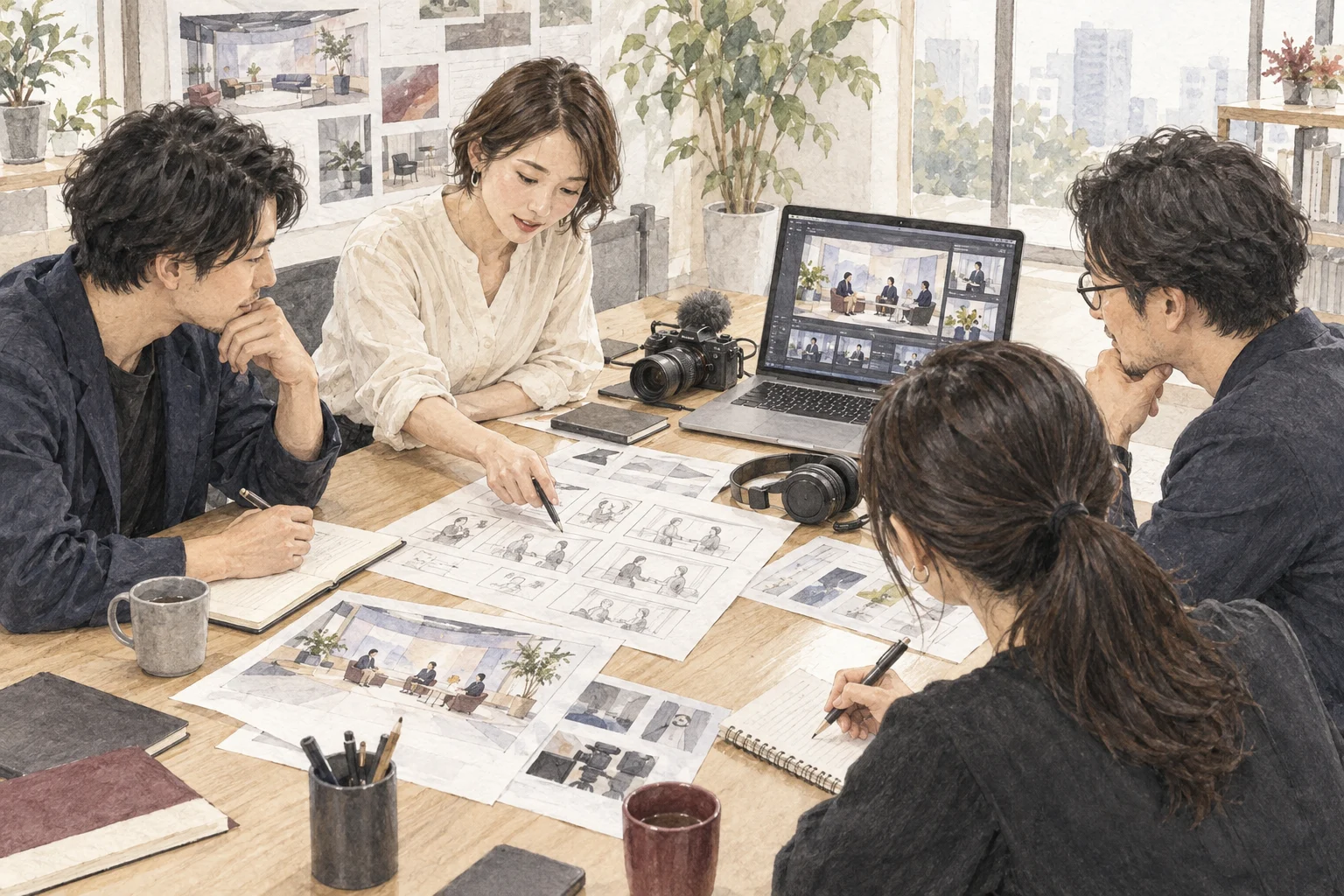制作チームと協力者が絵コンテを囲み、企画を話し合うイラスト