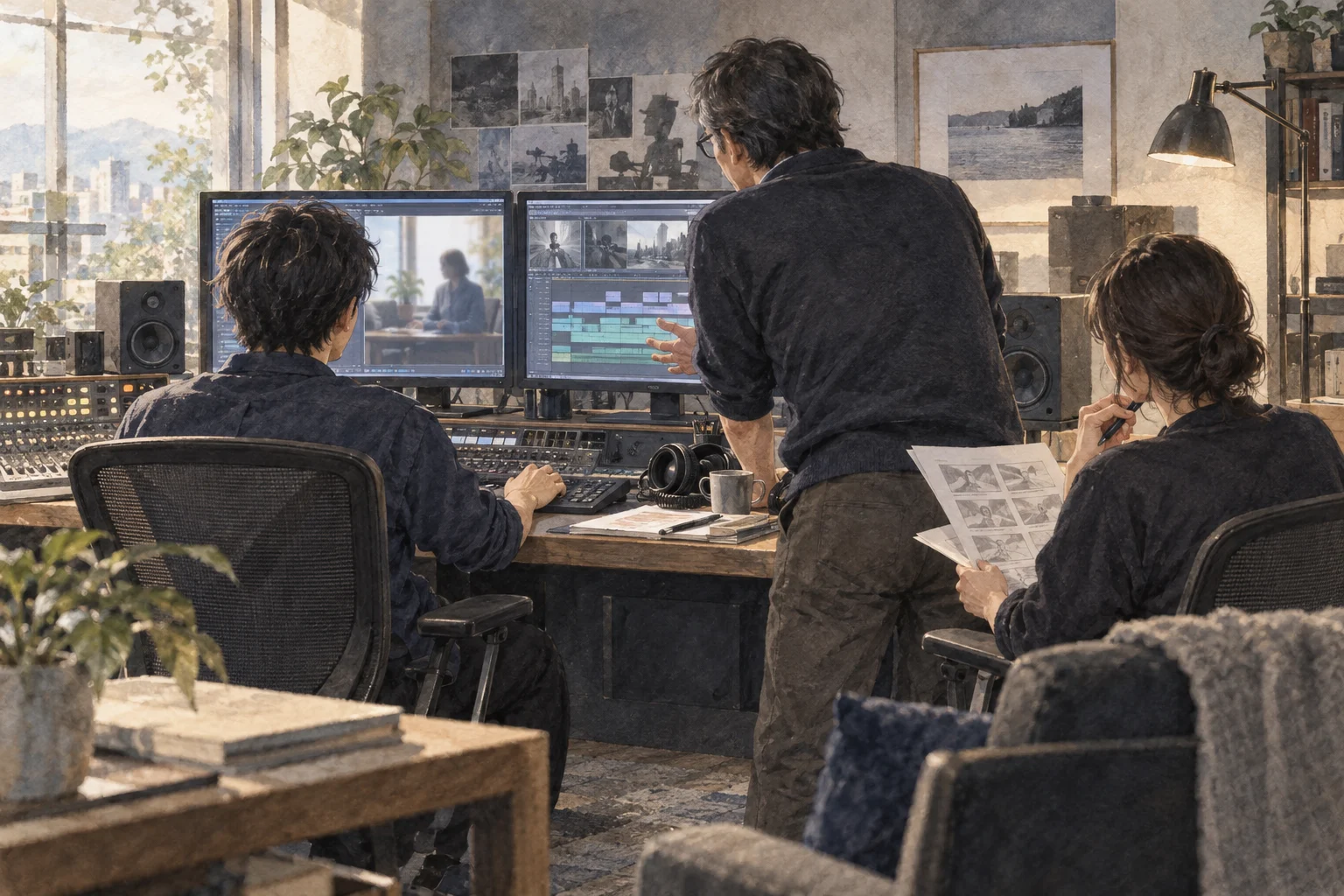 ディレクターや編集スタッフが映像を確認し、番組を仕上げるイラスト